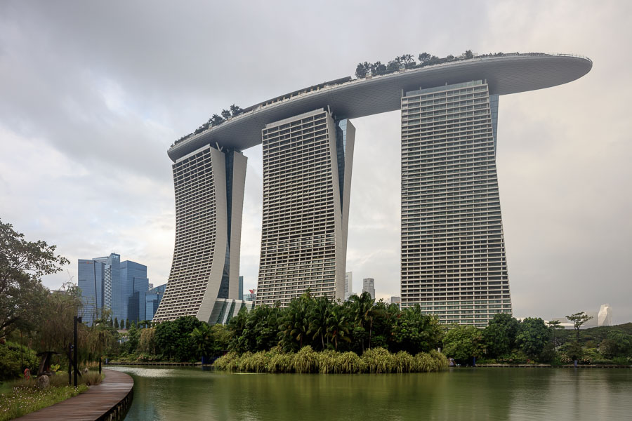 Marina Bay Sands, an enormous hotel with a "ship" resting on the top of the three buildings.