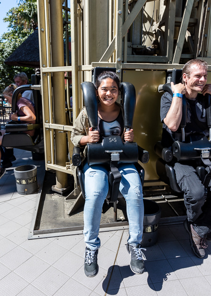 Here she is preparing to go up a big tower and then fall back down.