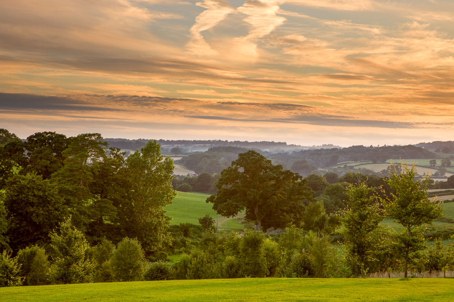 The last sunrays over the park and the mist starts to cover the western hills