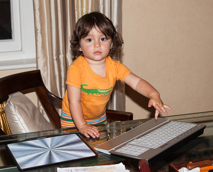 Writing his first report at our London home