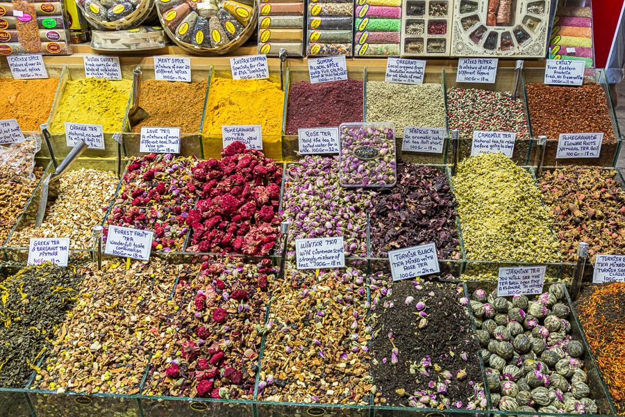 A spice stall in the bazaar offering a variety of teas